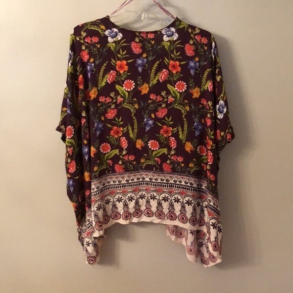 ANGIE SIZE M DARK PURPLE FLORAL RAYON OPEN FRONT SHORT SLEEVE KIMONO CARDIGAN - Picture 4 of 6